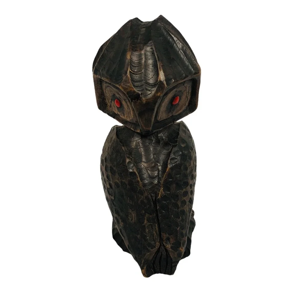Vintage Norman Campbell Owl Carving Wooden‎ Wood Red Following Eyes 1990 Brown